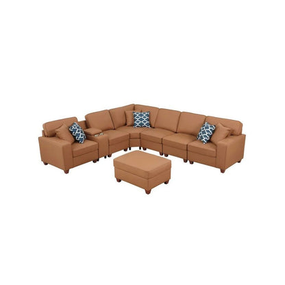 Artificial Leather Modular Sectional With Ottoman And Cupholder Console - Beige