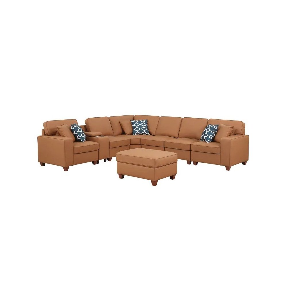 Artificial Leather Modular Sectional With Ottoman And Cupholder Console - Beige