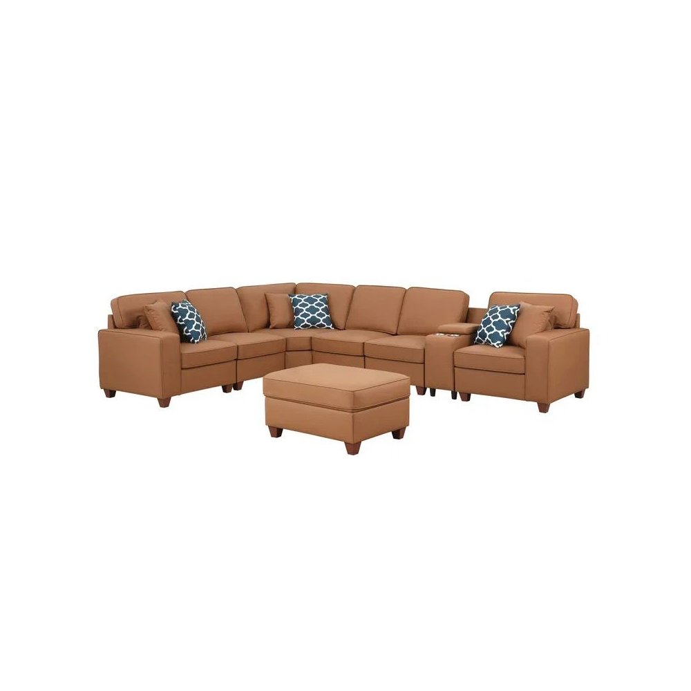 Artificial Leather Modular Sectional With Ottoman And Cupholder Console - Beige