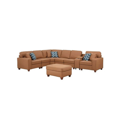 Artificial Leather Modular Sectional With Ottoman And Cupholder Console - Beige