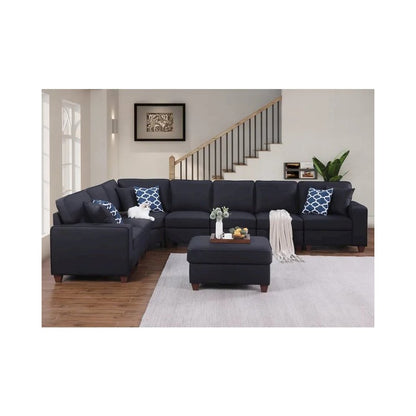 Shelaine Artificial Leather Modular Sectional With Ottoman - Black