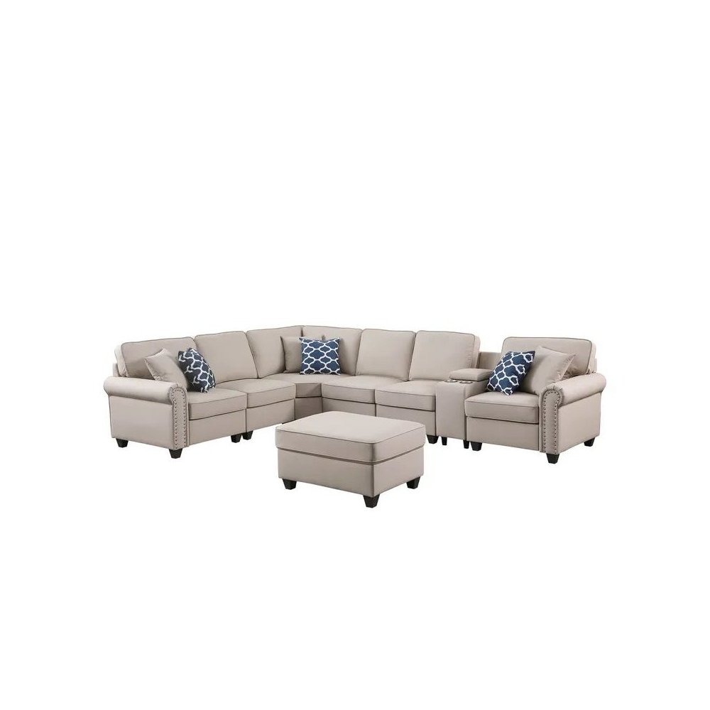 Artificial Leather Modular Sectional Sofa with ottoman and cupholder console