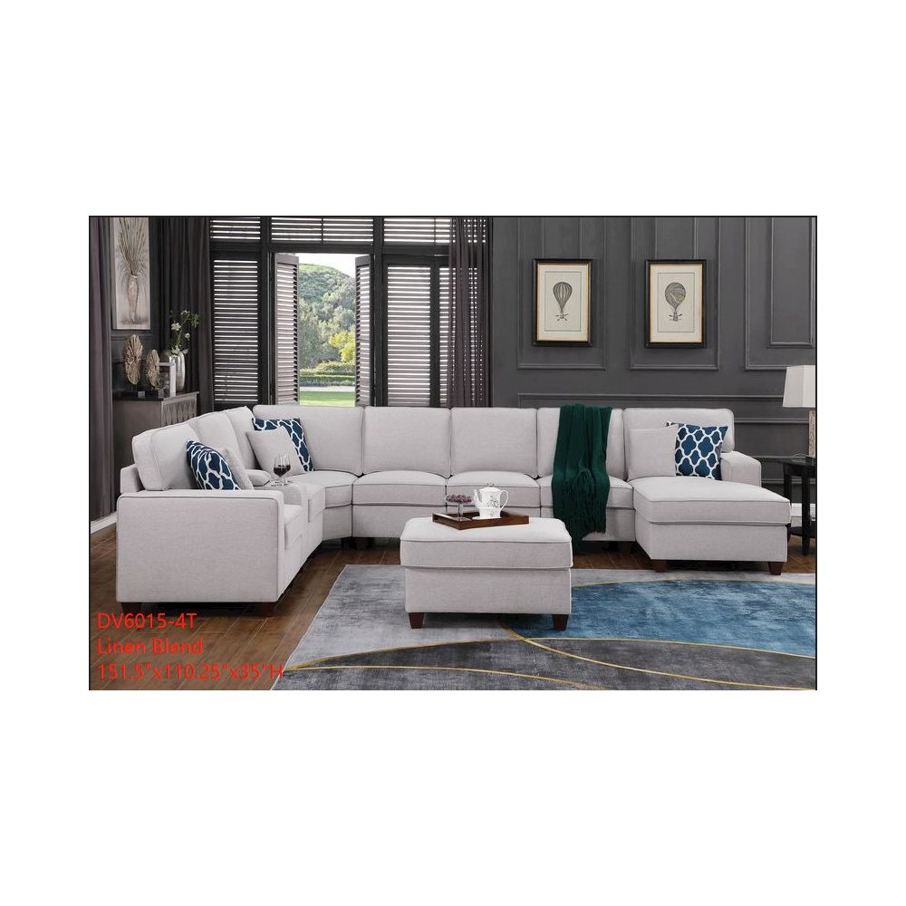 9-Piece Linen Fabric Upholstered Sectional With Chaise & Console-Light Gray