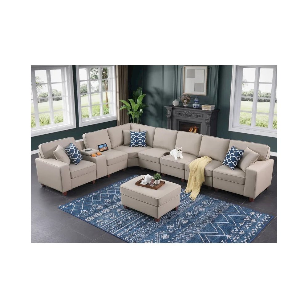 Artificial Leather Modular Sectional With Ottoman And Cupholder Console - Brown