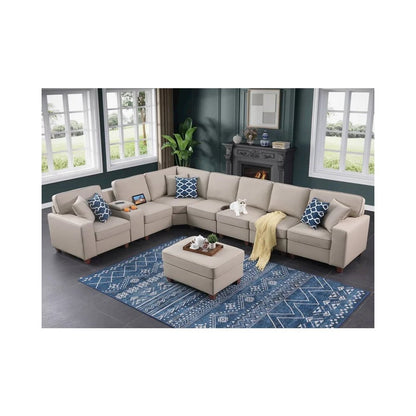 Artificial Leather Modular Sectional With Ottoman And Cupholder Console - Brown