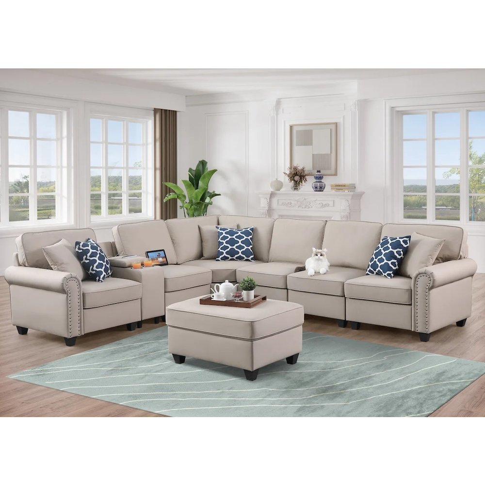 Artificial Leather Modular Sectional Sofa with ottoman and cupholder console