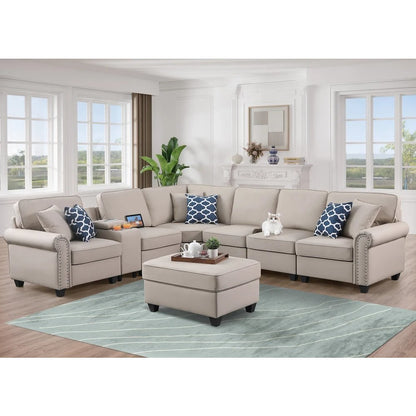 Artificial Leather Modular Sectional Sofa with ottoman and cupholder console