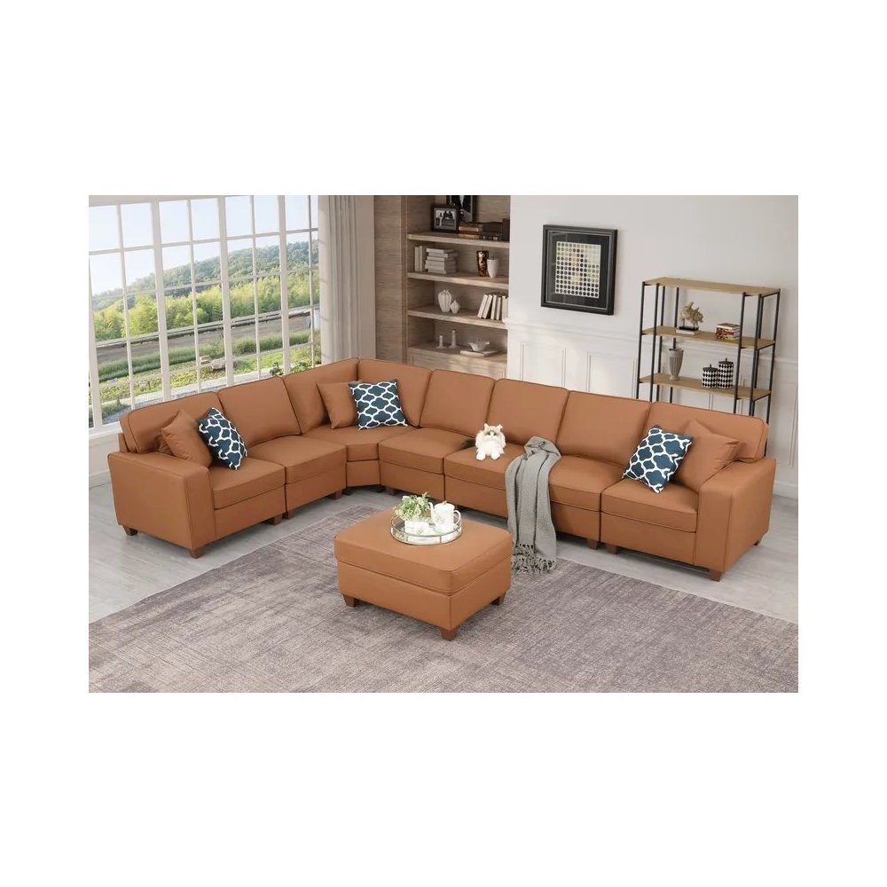 Shelaine Artificial Leather Modular Sectional With Ottoman - Beige