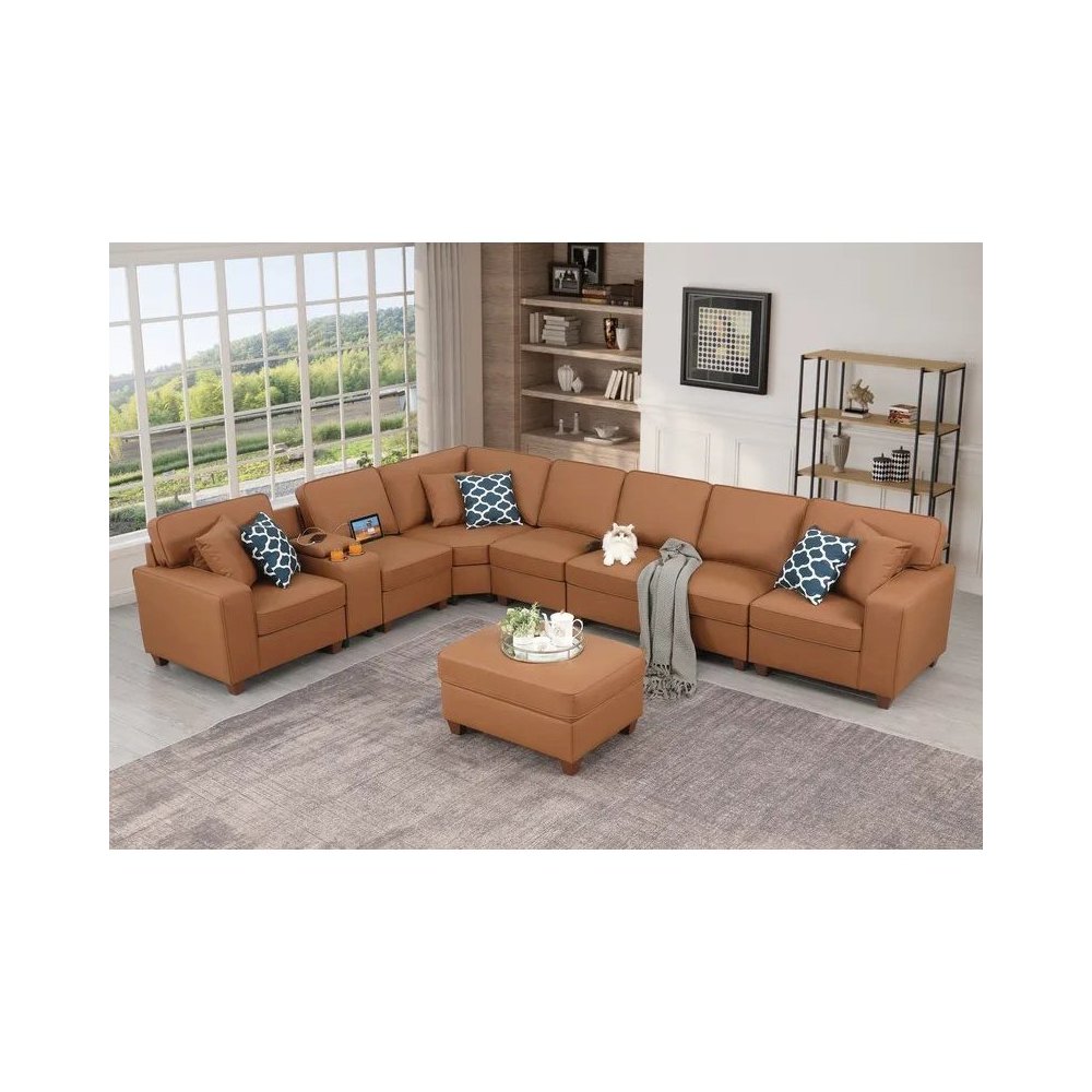 Artificial Leather Modular Sectional With Ottoman And Cupholder Console - Beige