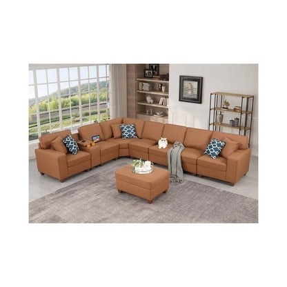 Artificial Leather Modular Sectional With Ottoman And Cupholder Console - Beige