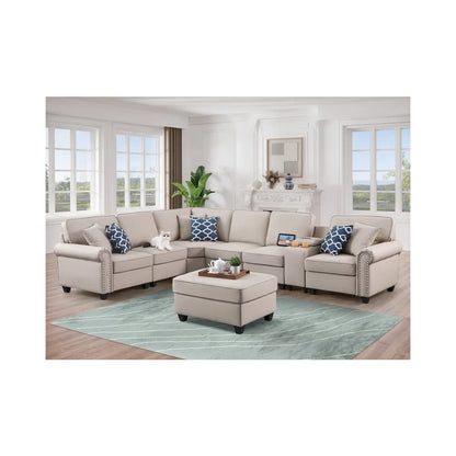 Artificial Leather Modular Sectional Sofa with ottoman and cupholder console