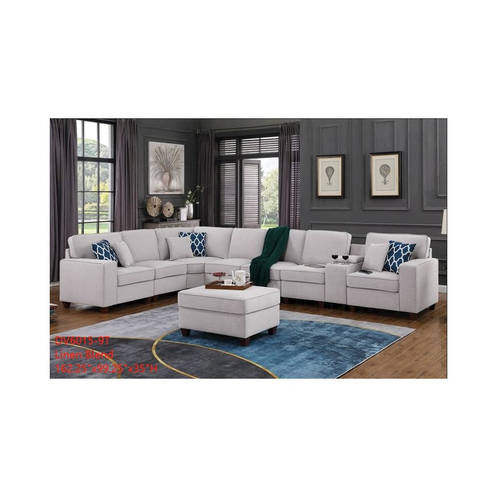 9-Piece Linen Fabric Upholstered Sectional With Console & Ottoman-Light Gray