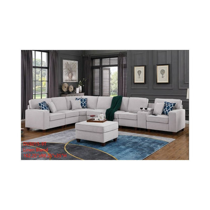 9-Piece Linen Fabric Upholstered Sectional With Console & Ottoman-Light Gray