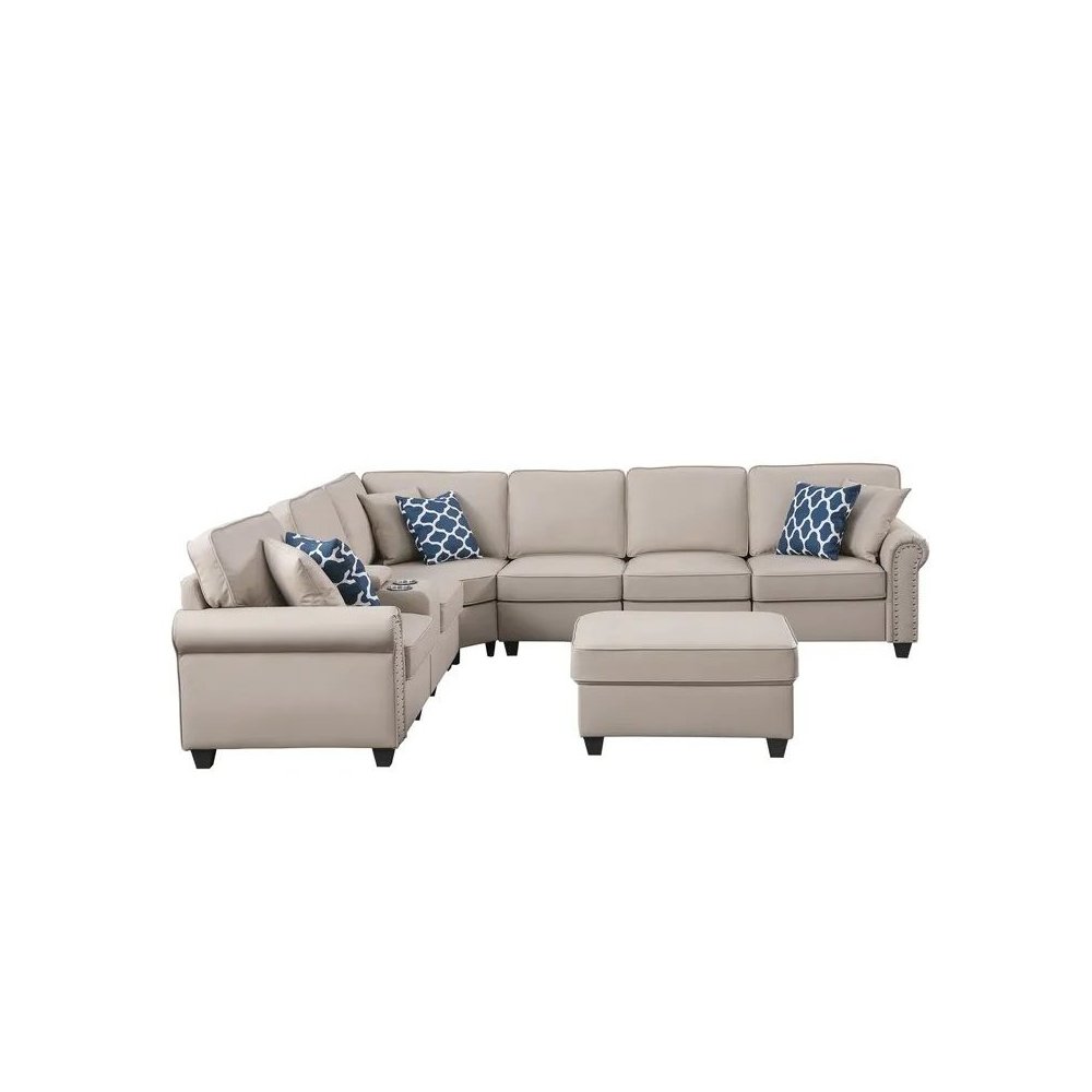 Artificial Leather Modular Sectional Sofa with ottoman and cupholder console