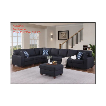 Shelaine Artificial Leather Modular Sectional With Ottoman - Black