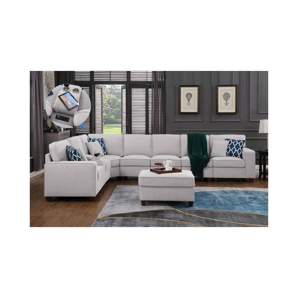 9-Piece Linen Fabric Upholstered Sectional With Console & Ottoman-Light Gray