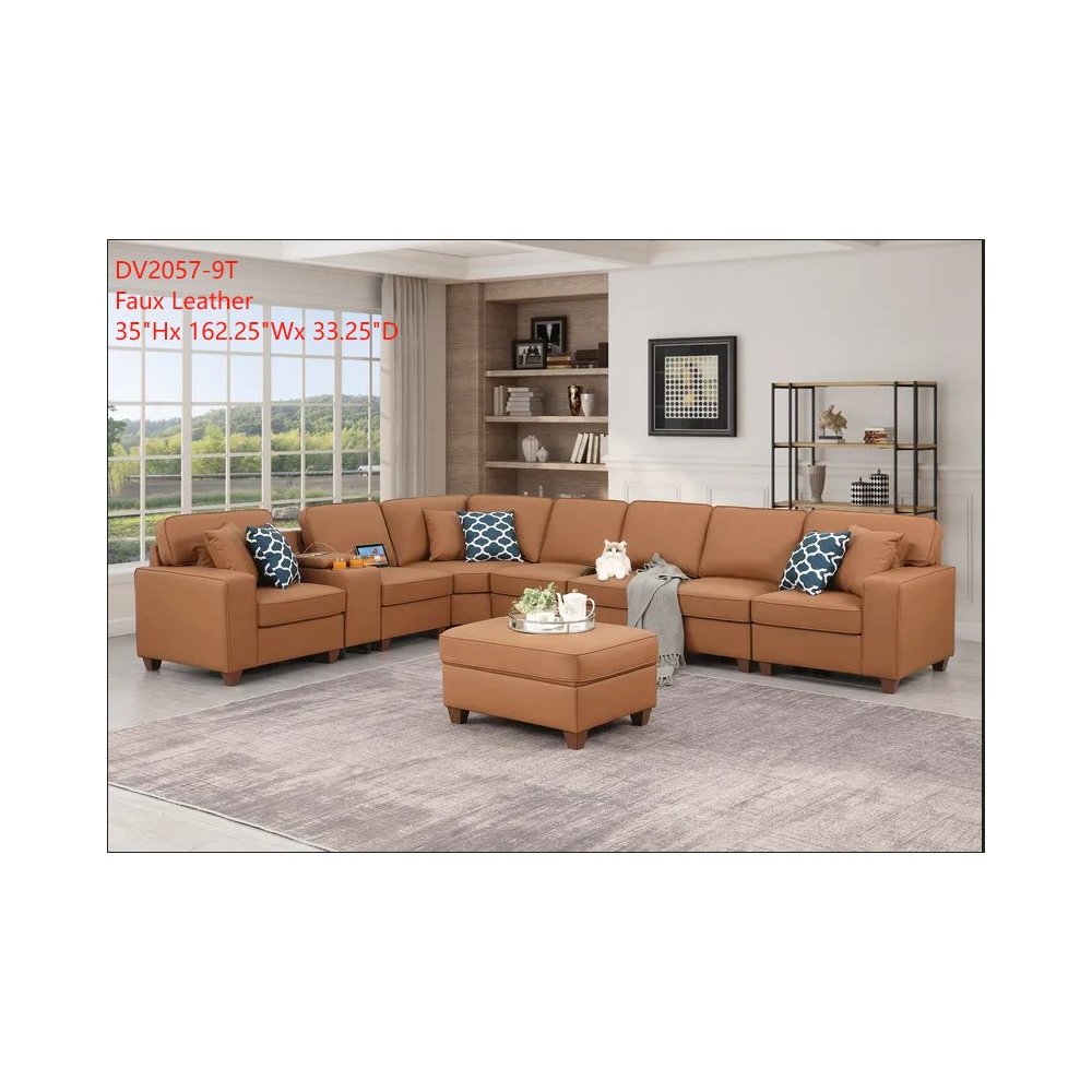 Artificial Leather Modular Sectional With Ottoman And Cupholder Console - Beige