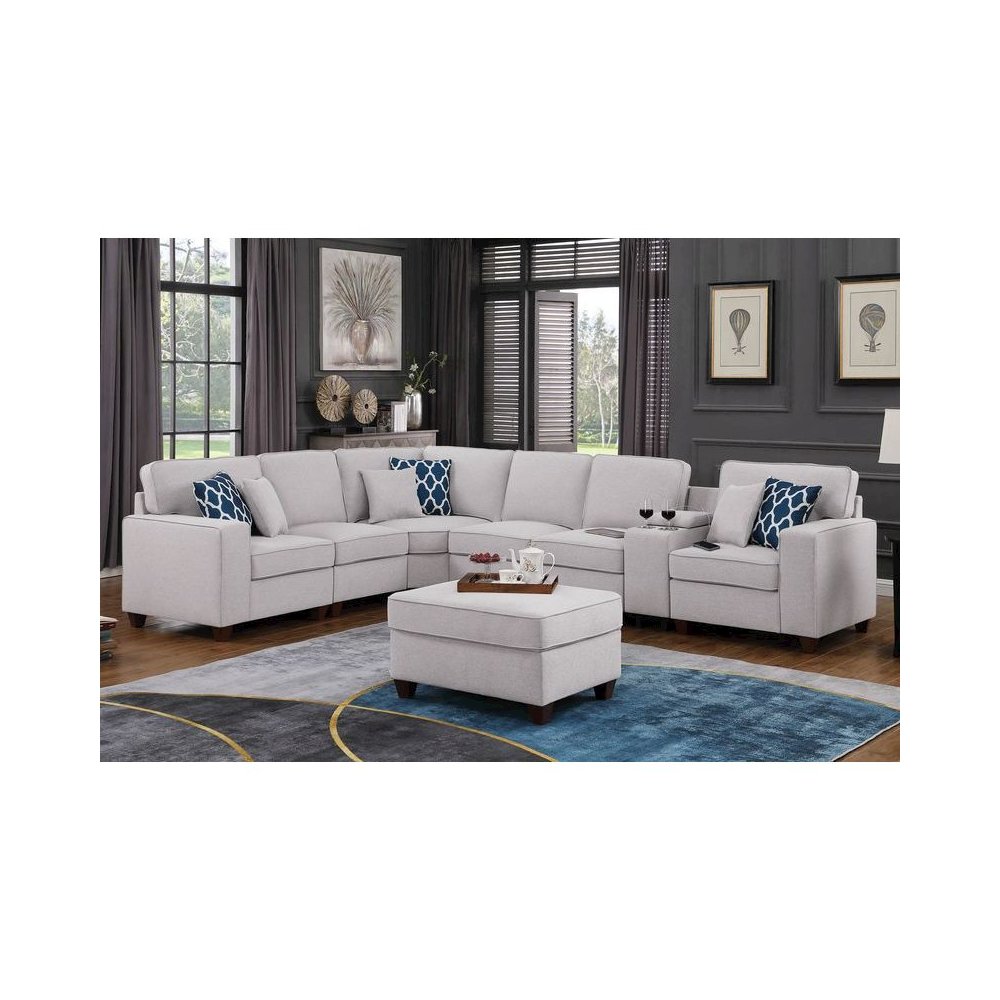 8-Piece Linen Fabric Upholstered Sectional With Console & Ottoman-Light Gray