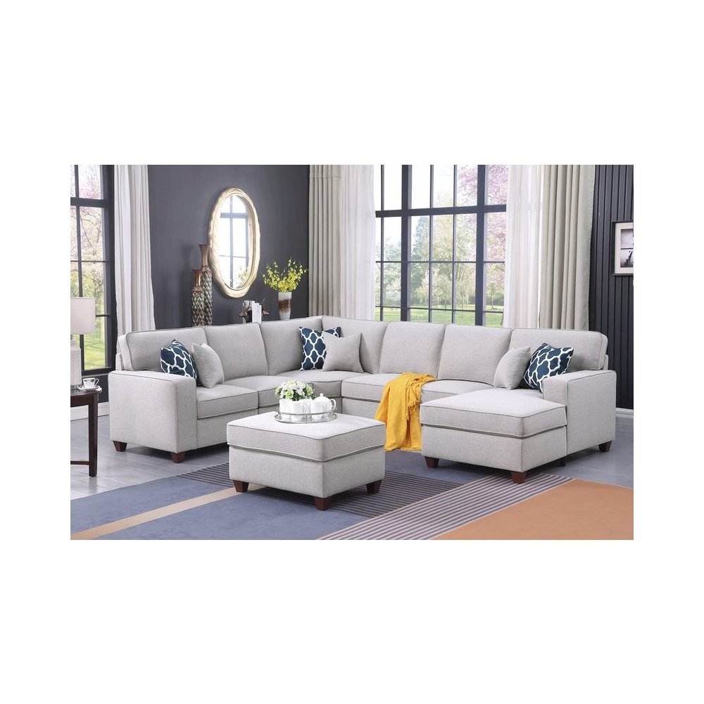 Devion Furniture 7-Piece Upholstered Modern Fabric Sectional in Light Gray