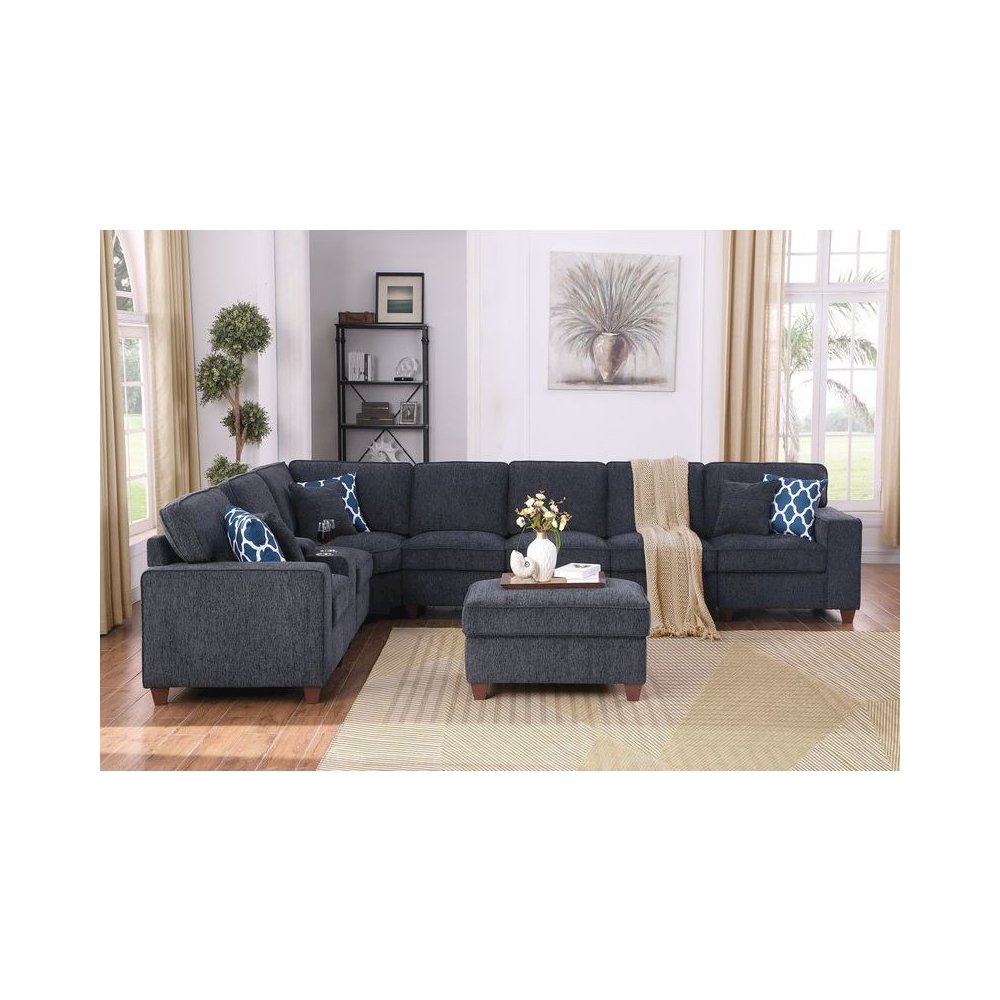9-Piece Chenille Fabric Upholstered Sectional With Console & Ottoman-Black