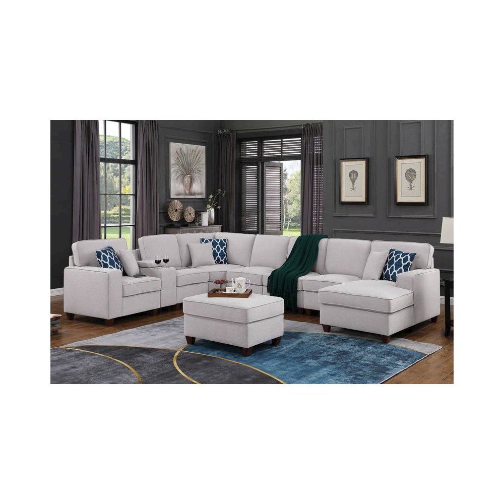 9-Piece Linen Fabric Upholstered Sectional With Chaise & Console-Light Gray