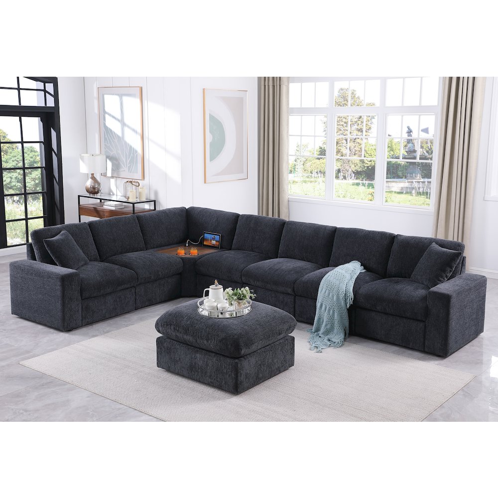 Sectional Sofa With Console, Corner Table And Ottoman- Dark Gray Chenille
