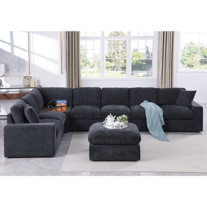 Sectional Sofa With Console, Corner Table And Ottoman- Dark Gray Chenille
