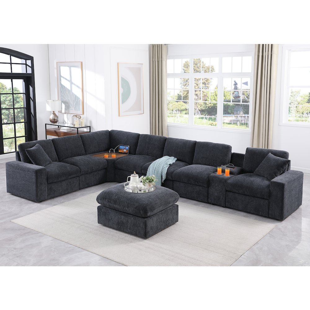 Sectional Sofa With Console With A Corner Table Ottoman - Dark Gray Chenille