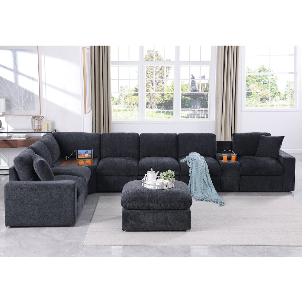 Sectional Sofa With Console With A Corner Table Ottoman - Dark Gray Chenille
