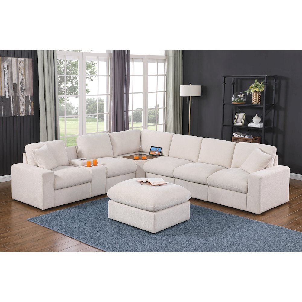 Sectional Sofa With Console, Corner Table And Ottoman- Beige Chenille