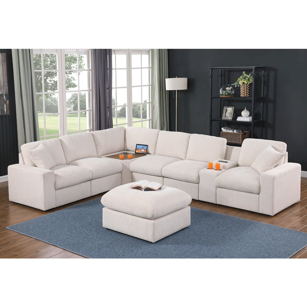 Sectional Sofa With Console, Corner Table And Ottoman- Beige Chenille
