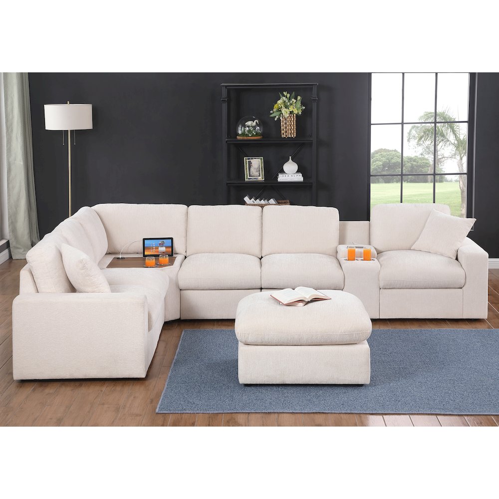 Sectional Sofa With Console, Corner Table And Ottoman- Beige Chenille