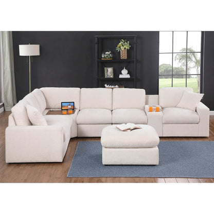 Sectional Sofa With Console, Corner Table And Ottoman- Beige Chenille