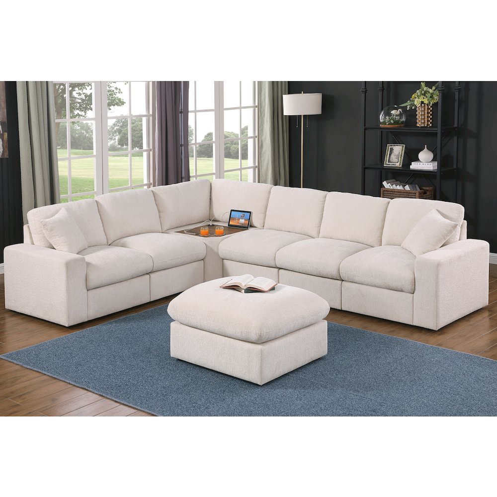 Sectional Sofa With Table Cupholder Console And Ottoman - Beige Chenille
