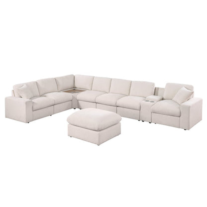 Sectional Sofa Console With A Corner Table With Ottoman - Beige Chenille