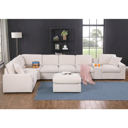Sectional Sofa Console With A Corner Table With Ottoman - Beige Chenille