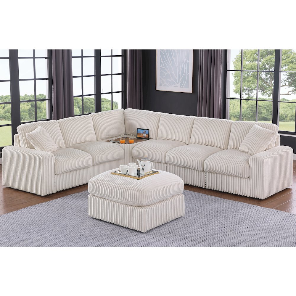 Sectional Sofa With Table Cupholder Console And Ottoman - Beige Polyester