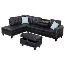Black Faux Leather L Shaped Couch With Ottoman, Tufted Sectional Sofa