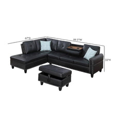 Black Faux Leather L Shaped Couch With Ottoman, Tufted Sectional Sofa