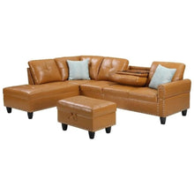Brown Faux Leather L Shaped Couch With Ottoman, Tufted Sectional Sofa