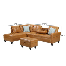 Brown Faux Leather L Shaped Couch With Ottoman, Tufted Sectional Sofa