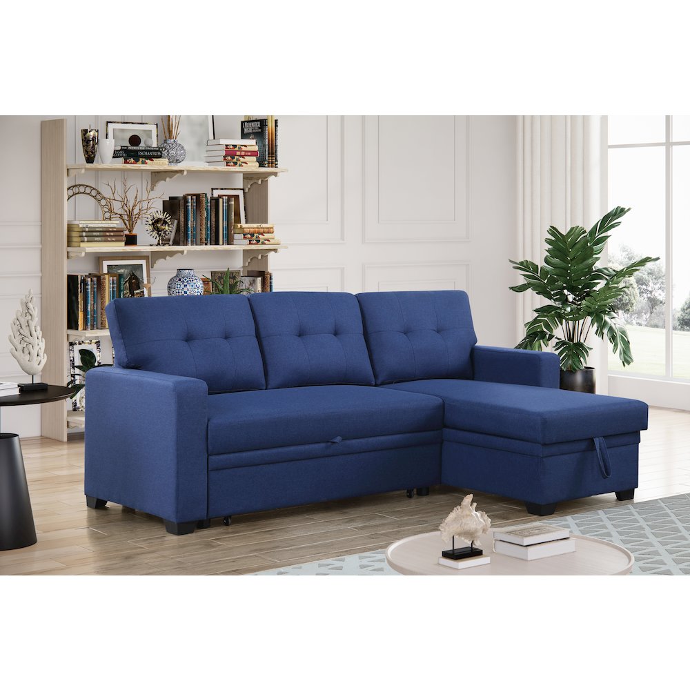 Devion Furniture Polyester Fabric Reversible Sleeper Sectional Sofa-Blue