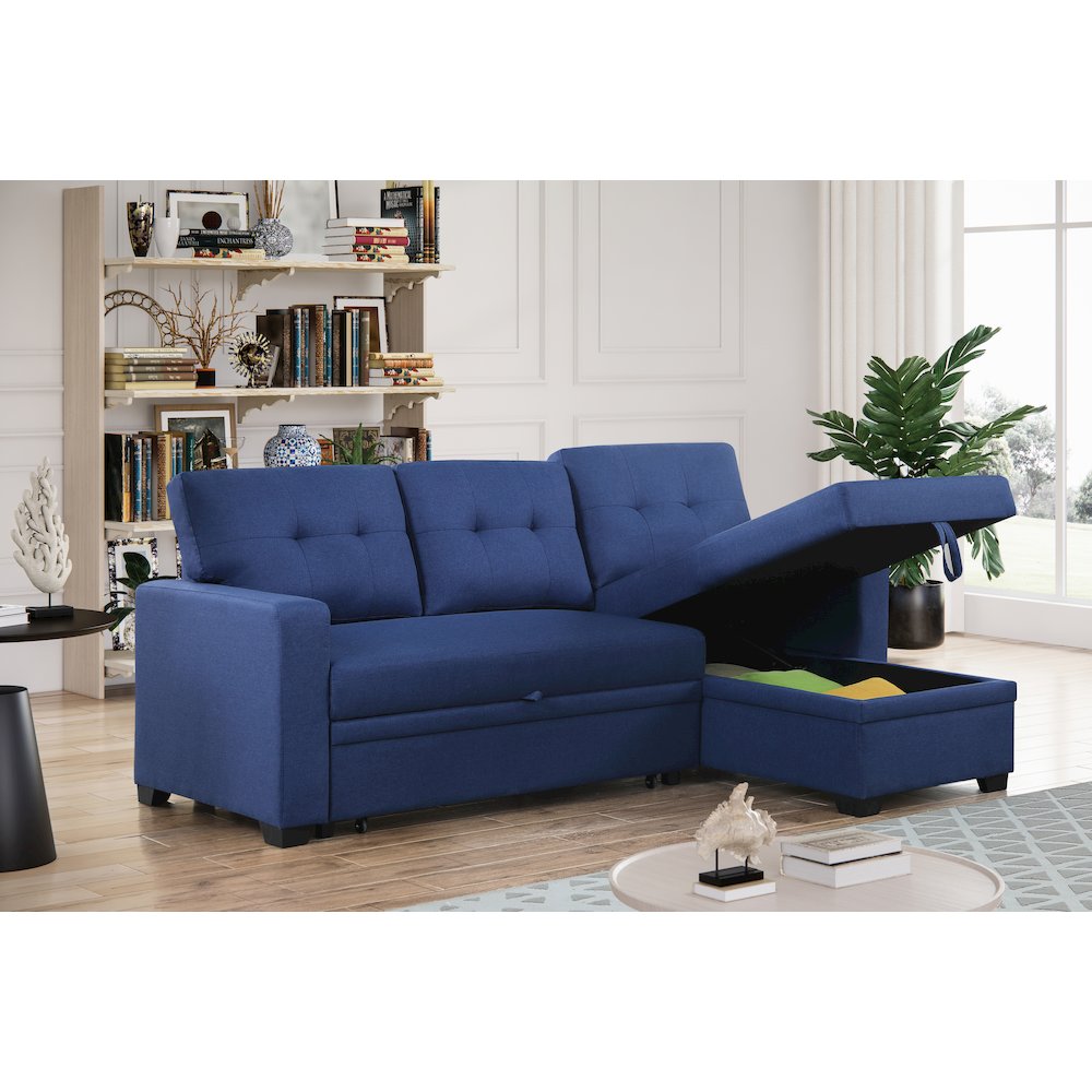 Devion Furniture Polyester Fabric Reversible Sleeper Sectional Sofa-Blue