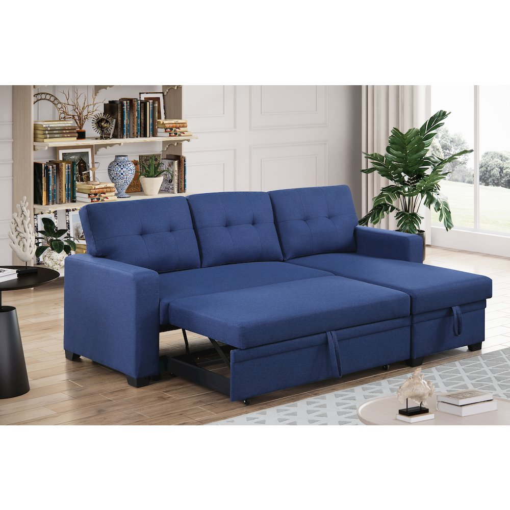 Devion Furniture Polyester Fabric Reversible Sleeper Sectional Sofa-Blue