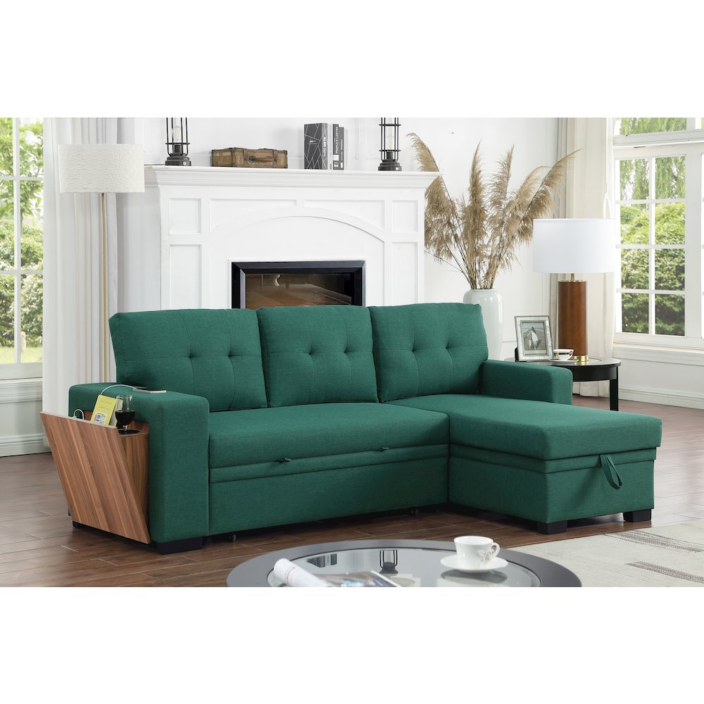 Fabric Reversible Modern Side Compartment Sleeper Sectional Sofa Bed-Green