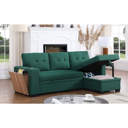 Fabric Reversible Modern Side Compartment Sleeper Sectional Sofa Bed-Green