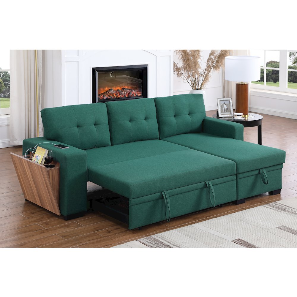 Fabric Reversible Modern Side Compartment Sleeper Sectional Sofa Bed-Green