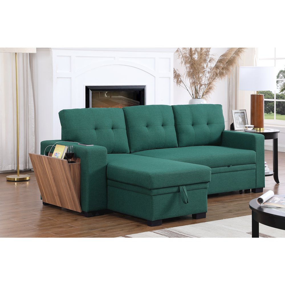 Fabric Reversible Modern Side Compartment Sleeper Sectional Sofa Bed-Green