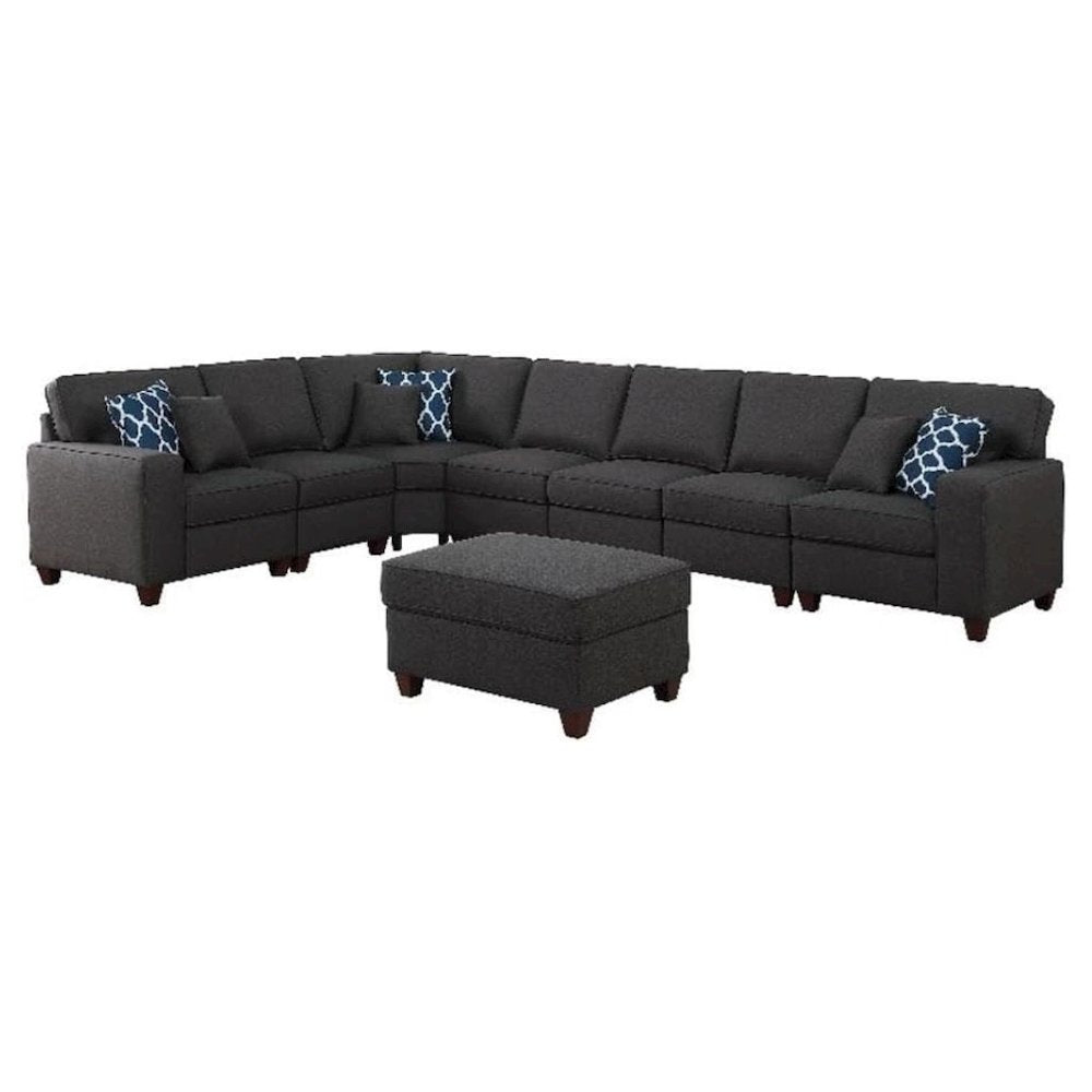 Dark Gray Linen Couch Sectional 8-Piece L Shaped Couch With Ottoman Set