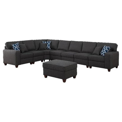Dark Gray Linen Couch Sectional 8-Piece L Shaped Couch With Ottoman Set